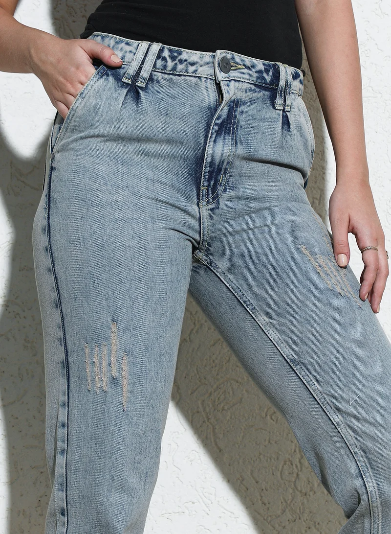 Campus Sutra Women's Indigo Blue Acid-Wash Denim Jeans For Casual Wear | High-Waist | Regular Fit | Button Closure | Denim Jeans Crafted With Comfort Fit For Everyday Wear