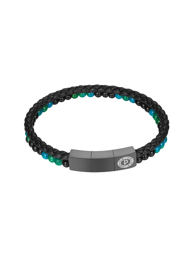 POLICE Dual Bracelet for Men Stainless Steel and Black Leather with Onyx Green BeadsPEAGB0011701