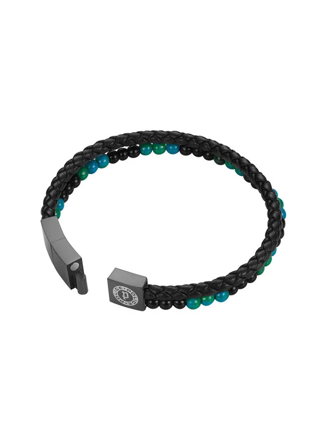 POLICE Dual Bracelet for Men Stainless Steel and Black Leather with Onyx Green BeadsPEAGB0011701