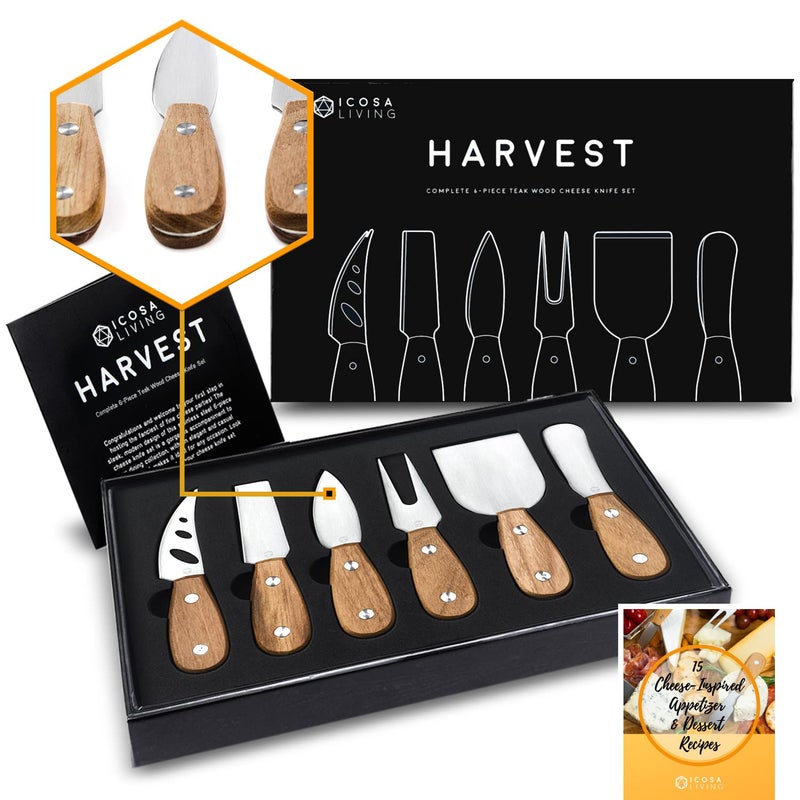 ICOSA Living Harvest 6Piece Cheese Knife Set GiftReady  Premium Stainless Steel Cheese Knives with Rivets Full Tang Blades and Teak Wood Handle Charcuterie Board Accessories w 15 Festive Recipes