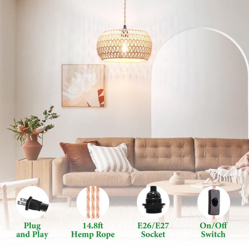 Garvot Plug in Pendant Light Rattan Hanging Lamp Pendant Light with on/Off Switch Rattan Woven Shade Hanging Lamp Plug in for Living Room Bedroom Farmhouse - Image 2
