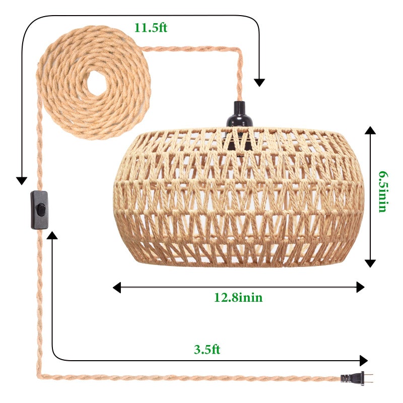 Garvot Plug in Pendant Light Rattan Hanging Lamp Pendant Light with on/Off Switch Rattan Woven Shade Hanging Lamp Plug in for Living Room Bedroom Farmhouse - Image 3