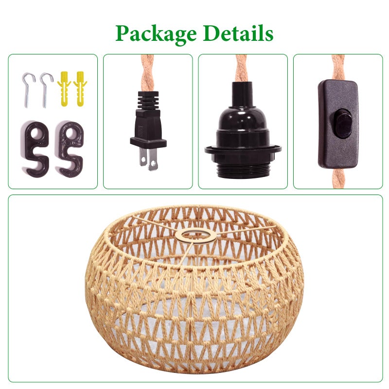 Garvot Plug in Pendant Light Rattan Hanging Lamp Pendant Light with on/Off Switch Rattan Woven Shade Hanging Lamp Plug in for Living Room Bedroom Farmhouse - Image 4