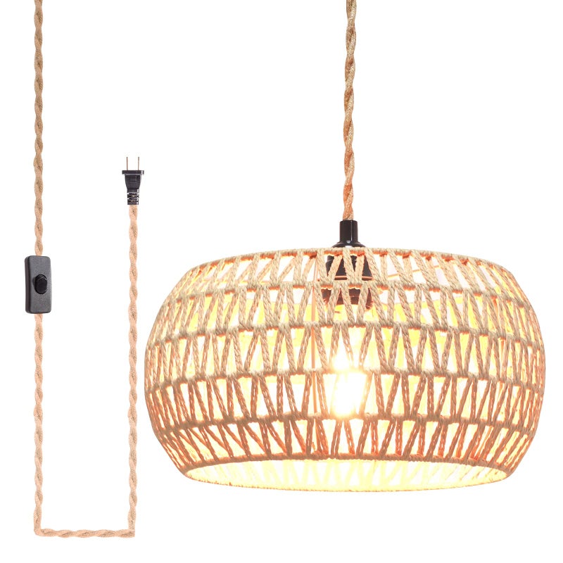 Garvot Plug in Pendant Light Rattan Hanging Lamp Pendant Light with on/Off Switch Rattan Woven Shade Hanging Lamp Plug in for Living Room Bedroom Farmhouse - Image 1