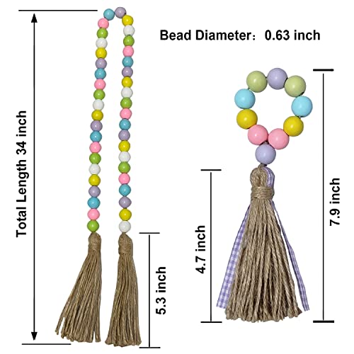 ONCOFAN Easter Wood Beads Garland with Tassel, 2 Pack Spring Boho Decor, 34" Long, Pink, Blue, Yellow, Green, Lavender, White Beads, Round Shape - Image 2