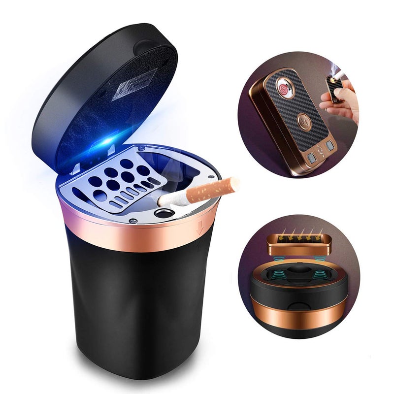 SOLARXIA Car Ashtray, Auto Ashtray Cigar Electronic Cigarette Lighter Detachable Solar Powered/USB Rechargeable with Lid Blue LED Light for Most Car Cup Holder Home Office (Black) - Image 1