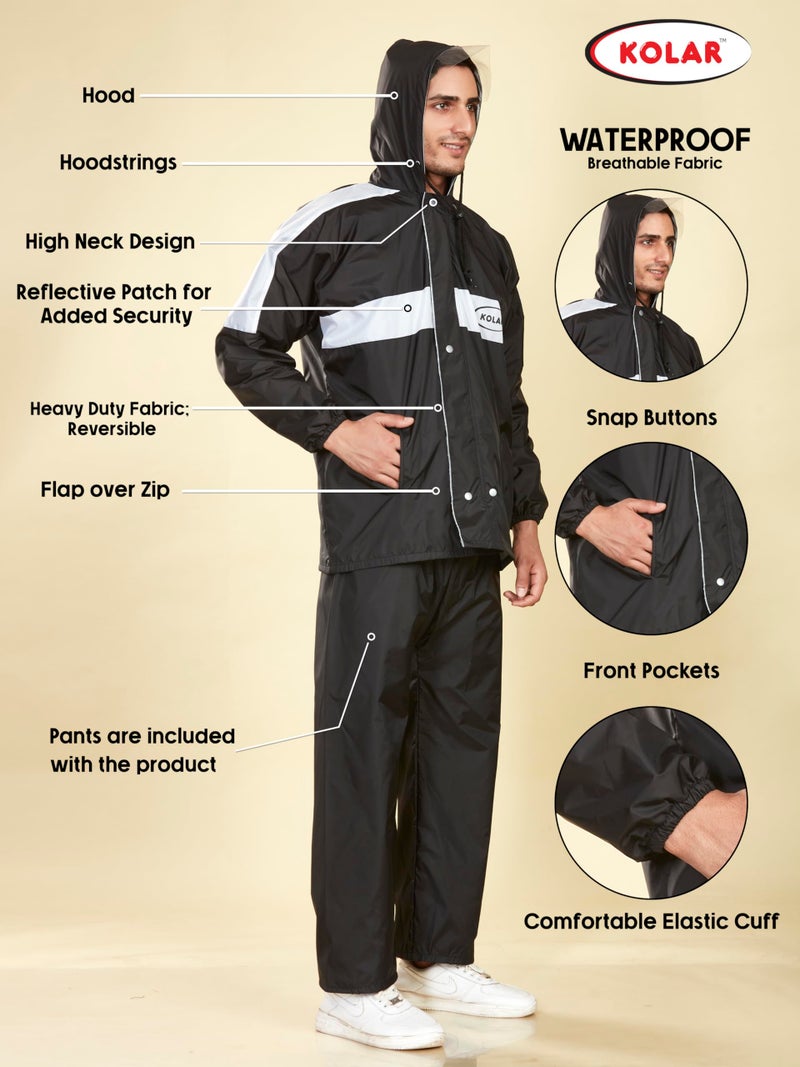 KOLAR Polyester Reversible Waterproof Standard Length Rain Coat Crafted With Durable Material Men's Hooded Rain Suit With Hood, Black - Xl - Image 2