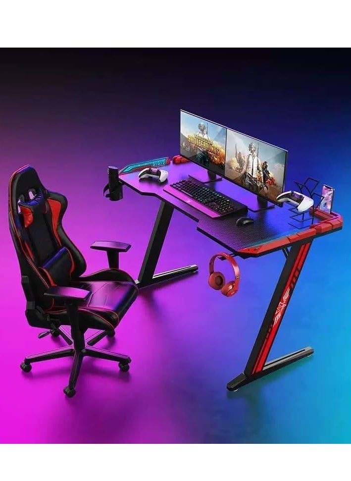 Gaming Desk,Ergonomic Computer and Gaming Table Z Shaped for Pc, Workstation, Home, Office with LED Lights Carbon Fiber Surface,Cup Holder and Headphone Hook,120×60×75cm