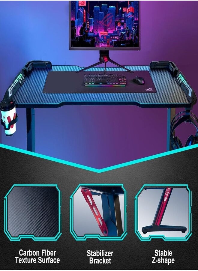 Gaming Desk,Ergonomic Computer and Gaming Table Z Shaped for Pc, Workstation, Home, Office with LED Lights Carbon Fiber Surface,Cup Holder and Headphone Hook,120×60×75cm