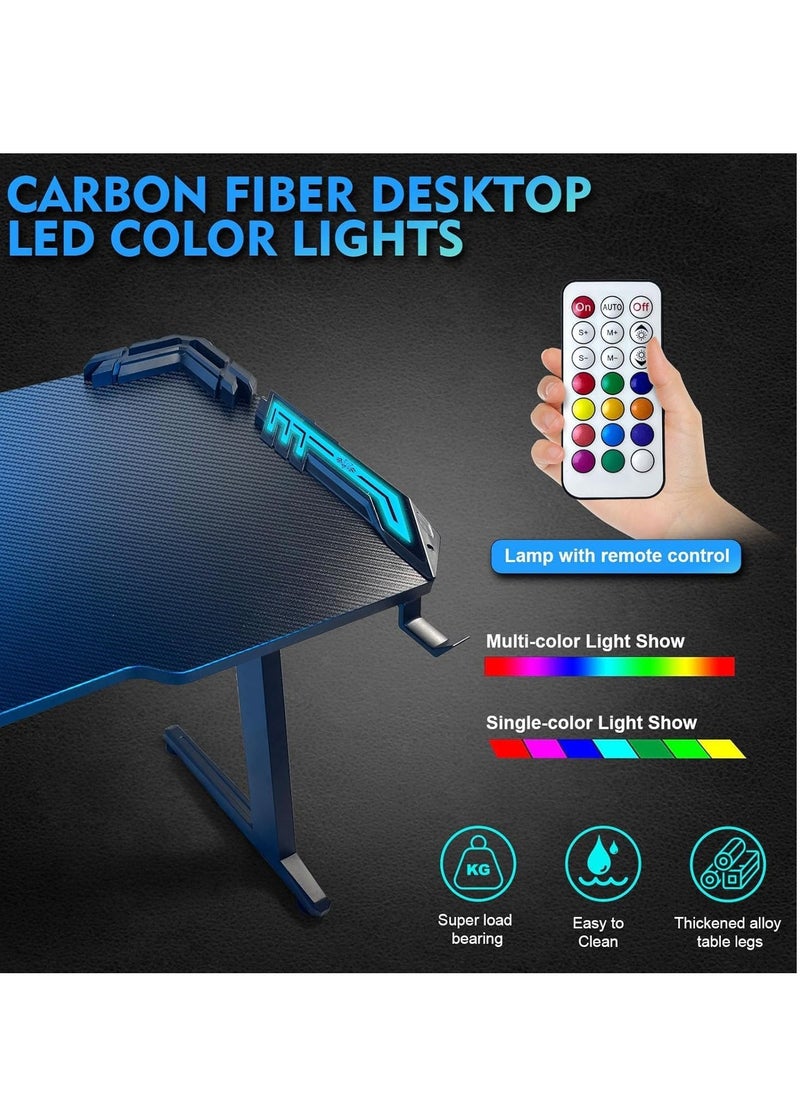 Gaming Desk,Ergonomic Computer and Gaming Table Z Shaped for Pc, Workstation, Home, Office with LED Lights Carbon Fiber Surface,Cup Holder and Headphone Hook,120×60×75cm