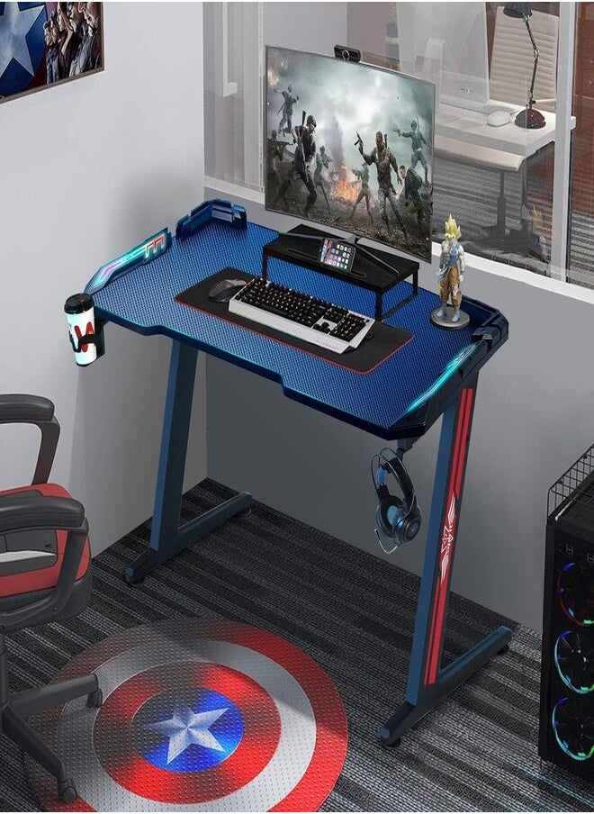 Gaming Desk,Ergonomic Computer and Gaming Table Z Shaped for Pc, Workstation, Home, Office with LED Lights Carbon Fiber Surface,Cup Holder and Headphone Hook,120×60×75cm