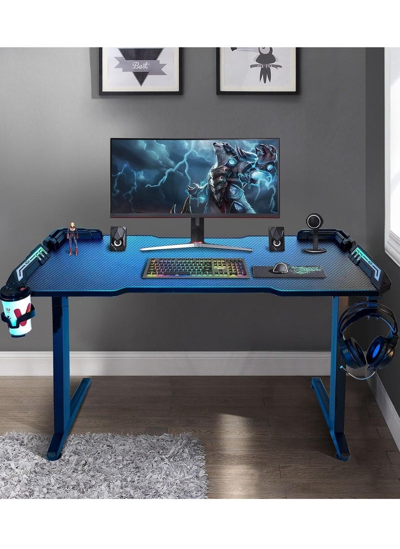 Gaming Desk,Ergonomic Computer and Gaming Table Z Shaped for Pc, Workstation, Home, Office with LED Lights Carbon Fiber Surface,Cup Holder and Headphone Hook,120×60×75cm