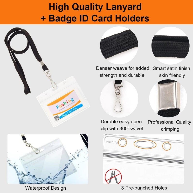 Fushing 50Pcs Clear Plastic Horizontal Name Tags Badge ID Card Holders and 50Pcs Flat Neck Lanyards with Swivel Hook - Image 3
