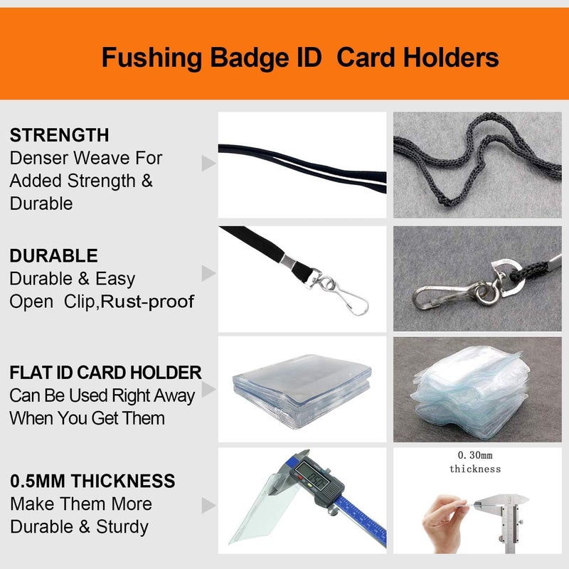 Fushing 50Pcs Clear Plastic Horizontal Name Tags Badge ID Card Holders and 50Pcs Flat Neck Lanyards with Swivel Hook - Image 4