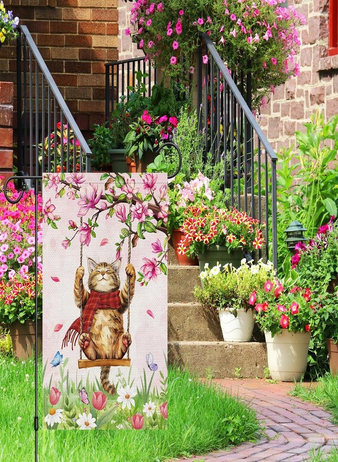 Heyfibro Spring Cute Cat Welcome Garden Flag Spring Summer Magnolia Flower Garden Flags 12x18 Inch Double Sided Burlap Butterfly Floral Yard Flag for Seasonal Holiday Farmhouse Outdoor Decor(ONLY - Image 2