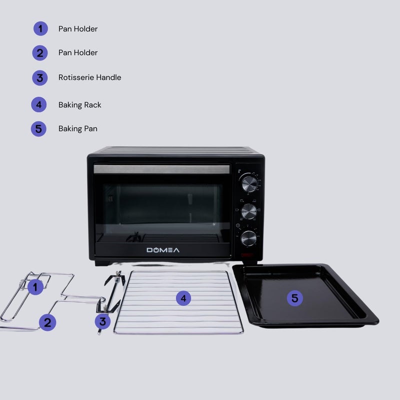DOMEA Electric Toaster Oven, 25 Litre, Counter Top Oven With Rotisserie | Grill And Cooking Tray, Adjustable Temperature | For Toasting, Baking, Roasting & Grill, 1600W, Black - Image 2