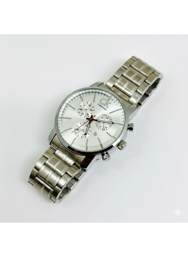 كالفن كلاين ساعة رجالية ck فضية وبيضاء