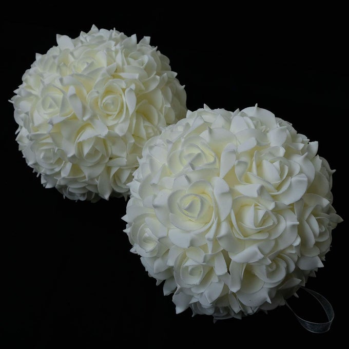 8 INCHES ARTIFICIAL FLOWERS ROSES KISSING FLOWER BALLS DIY WEDDING BOUQUETS PARTY HOME DECORATIONS SET OF 2 IVORY