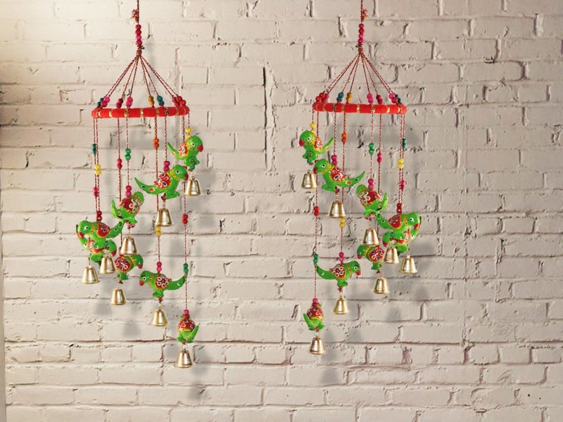 JH Gallery Handcrafted Rajasthani Colored Bell Hangings for Home Decoration Design Wall Hanging Decorative Showpiece (Green Parrot) - Image 4