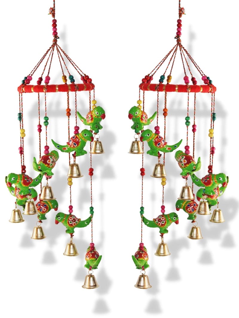 JH Gallery Handcrafted Rajasthani Colored Bell Hangings for Home Decoration Design Wall Hanging Decorative Showpiece (Green Parrot) - Image 1