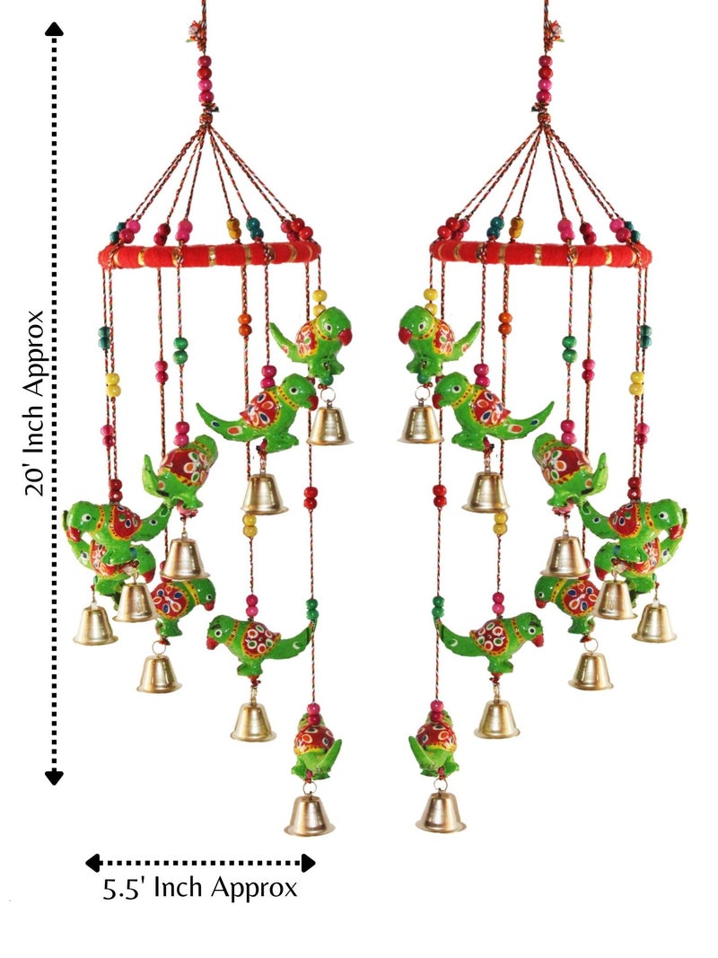JH Gallery Handcrafted Rajasthani Colored Bell Hangings for Home Decoration Design Wall Hanging Decorative Showpiece (Green Parrot) - Image 3
