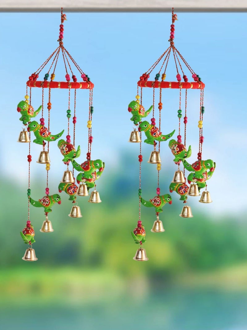 JH Gallery Handcrafted Rajasthani Colored Bell Hangings for Home Decoration Design Wall Hanging Decorative Showpiece (Green Parrot) - Image 2