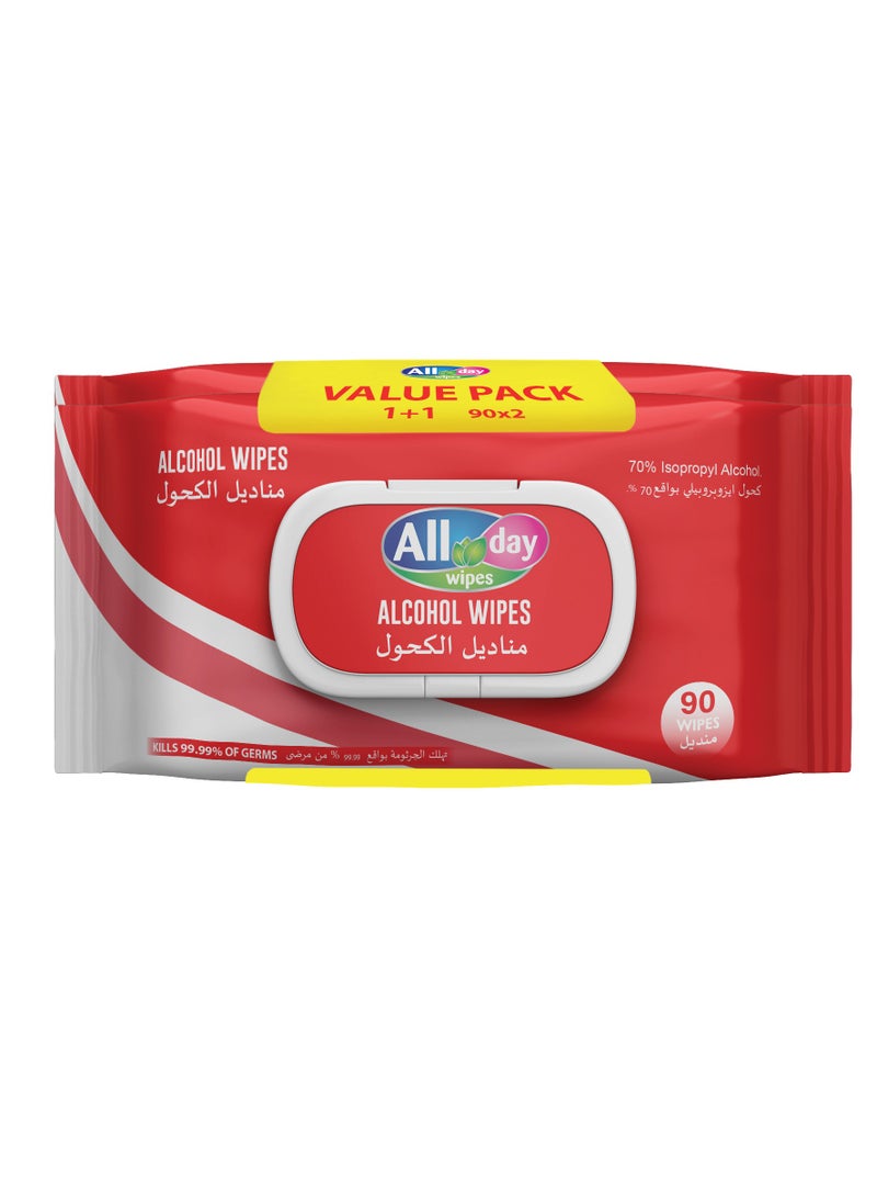 All day wipes All Day Alcohol/Antibacterial Wet Wipes-90 Count : Wipes Contain 70% Isoproply Alcohol. Designed for Surface Disinfection and Cleaning of Non-Invasive Medical Devices. Kills 99%Germs. ( Pack of 2) - Image 1