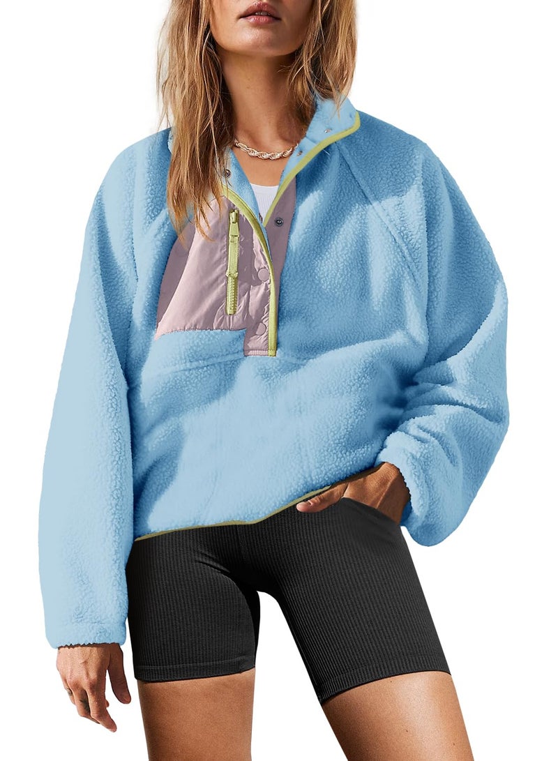 Yanekop Sherpa Jacket Women Fuzzy Pullover Sweaters Winter Fleece Sweatshirt Button Up Pullover Sherpa Outerwear(Light Blue Purple,M) - Image 1