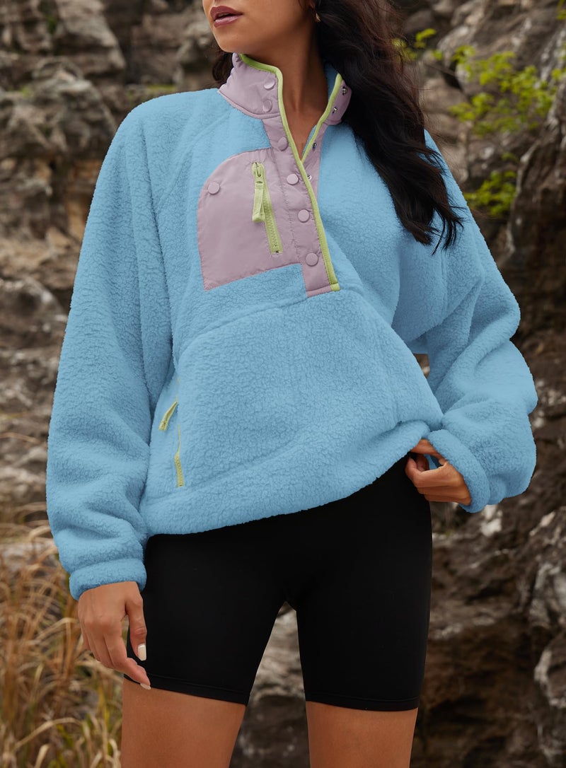 Yanekop Sherpa Jacket Women Fuzzy Pullover Sweaters Winter Fleece Sweatshirt Button Up Pullover Sherpa Outerwear(Light Blue Purple,M) - Image 3