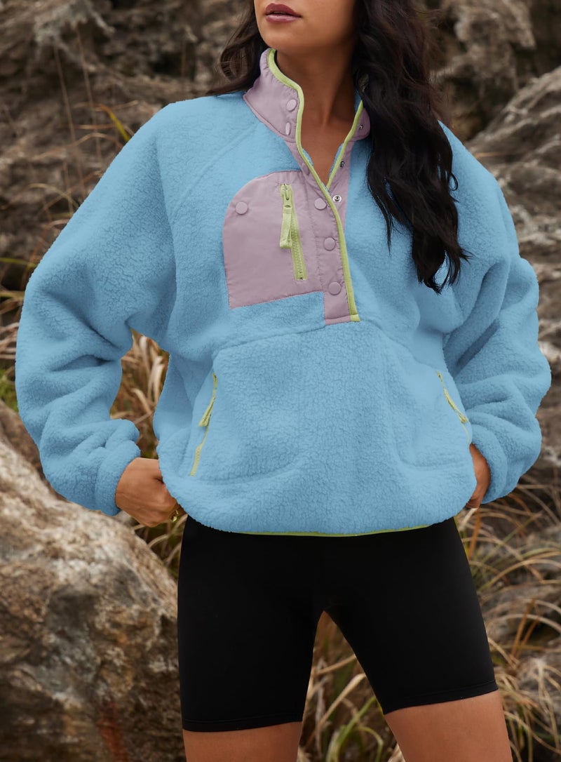 Yanekop Sherpa Jacket Women Fuzzy Pullover Sweaters Winter Fleece Sweatshirt Button Up Pullover Sherpa Outerwear(Light Blue Purple,M) - Image 5