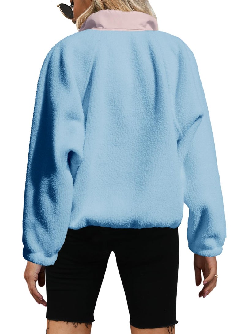 Yanekop Sherpa Jacket Women Fuzzy Pullover Sweaters Winter Fleece Sweatshirt Button Up Pullover Sherpa Outerwear(Light Blue Purple,M) - Image 2