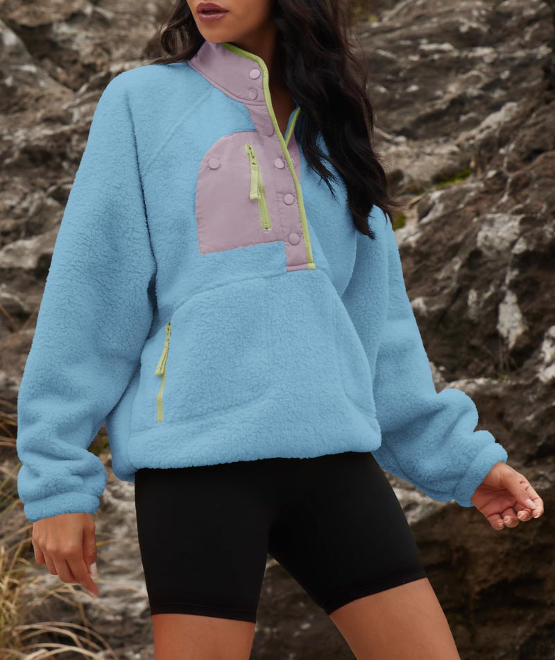 Yanekop Sherpa Jacket Women Fuzzy Pullover Sweaters Winter Fleece Sweatshirt Button Up Pullover Sherpa Outerwear(Light Blue Purple,M) - Image 4