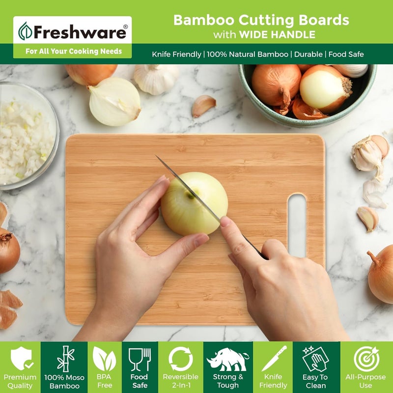 Freshware Bamboo Cutting Boards for Kitchen Set of 3 Wood Cutting Board for Chopping Meat Vegetables Fruits Cheese Knife Friendly Serving Tray with Handles - Image 4