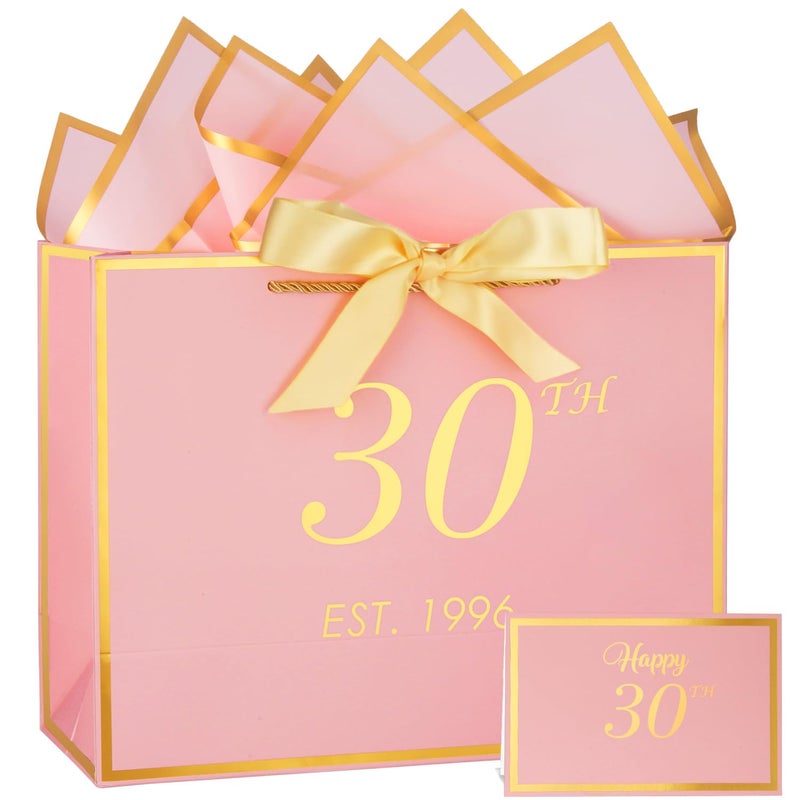 momoake 30th Birthday Gift Bag with Card and Tissue Paper for Women/Her, 1996 30 Year Old 13" Elegant Pink Gold Anniversary Keepsake Party Present Shopping Paper Bags for 30th Birthday Decorations - Image 1