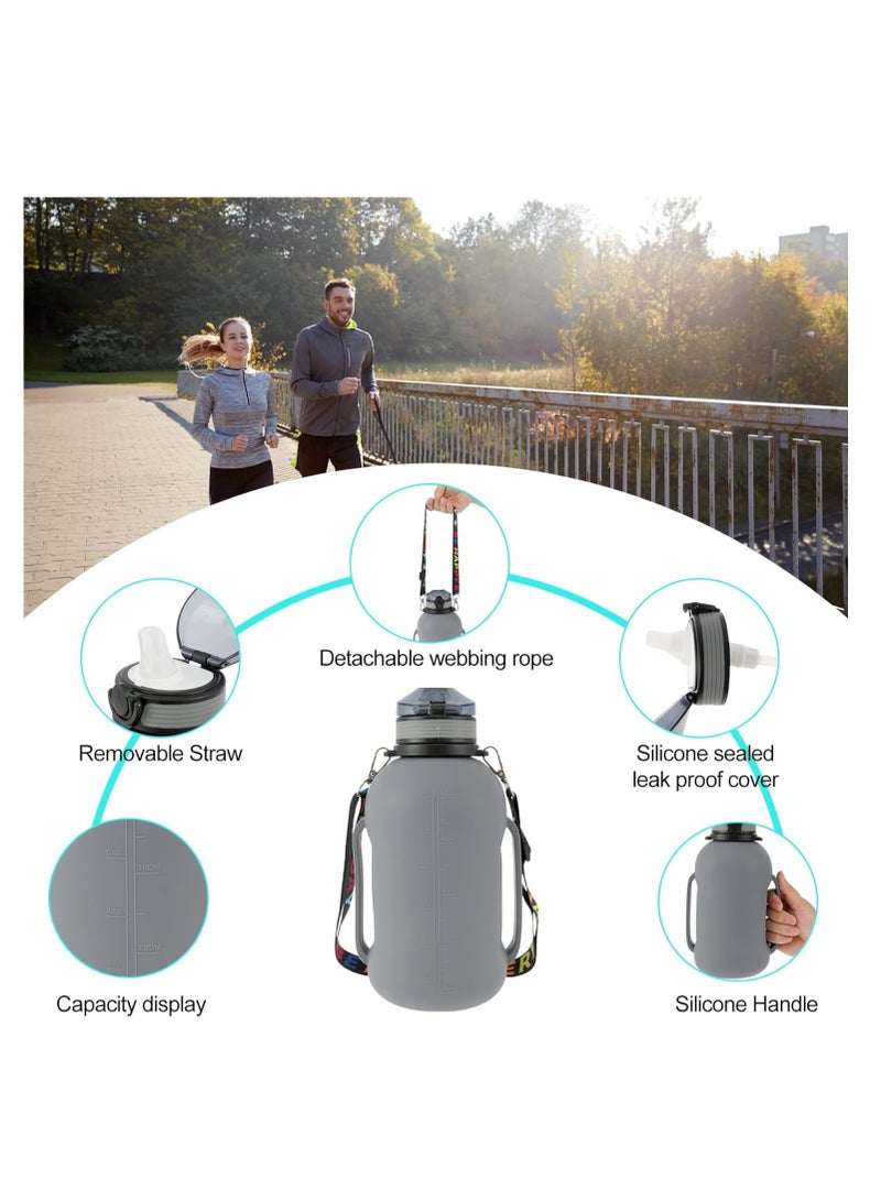 Collapsible Water Bottle, 2L/64oz Sport Water Bottle, Food-Grade BPA-Free Silicone Travel Water Bottles, with Strap Handle, Silicone Water Bottle with Detachable Straw for Fitness, Leak Proof, Gray