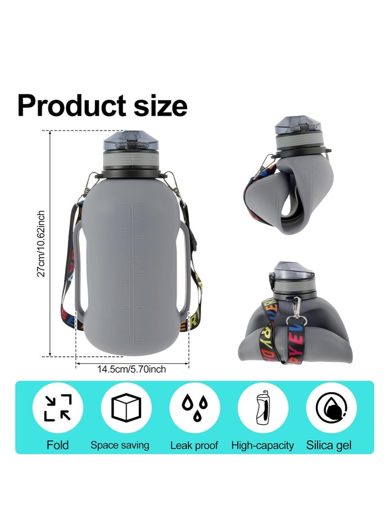 Collapsible Water Bottle, 2L/64oz Sport Water Bottle, Food-Grade BPA-Free Silicone Travel Water Bottles, with Strap Handle, Silicone Water Bottle with Detachable Straw for Fitness, Leak Proof, Gray