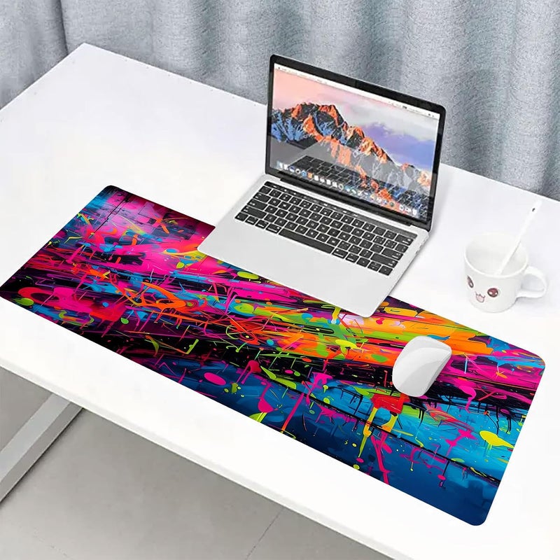 LshyMn وسادة فأر كبيرة من نوع Graffiti، مقاساتها 31.5×11.8×0.12 بوصة، بنمط مطبوع بألوان زاهية ناتجة عن رشات الصبغة السحرية، مناسبة للألعاب واستخدامها أمام لوحة المفاتيح أو طاولة العمل في المنزل أو الاستوديو، رقم المنتج: BDHYMN307 - Image 2