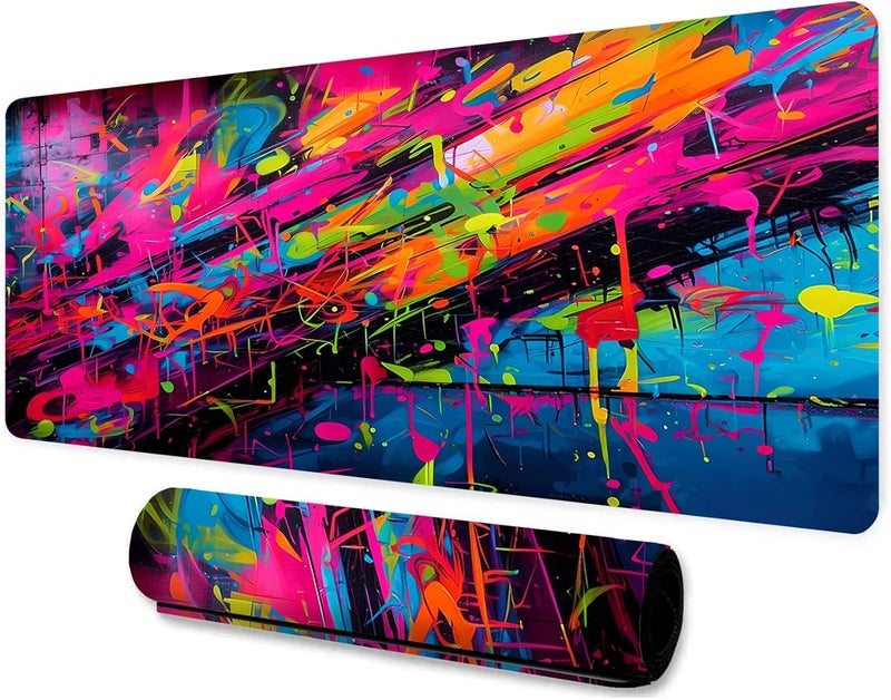 LshyMn وسادة فأر كبيرة من نوع Graffiti، مقاساتها 31.5×11.8×0.12 بوصة، بنمط مطبوع بألوان زاهية ناتجة عن رشات الصبغة السحرية، مناسبة للألعاب واستخدامها أمام لوحة المفاتيح أو طاولة العمل في المنزل أو الاستوديو، رقم المنتج: BDHYMN307 - Image 1