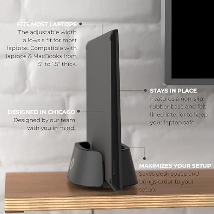 HumanCentric حامل لابتوب عمودي من هومانسنتريك، حامل لابتوب من الألمنيوم، حامل وقاعدة قابلة للتعديل، حامل لابتوب عمودي يناسب ماك بوك برو وأجهزة اللابتوب الأخرى بسماكة من 0.5" إلى 1.5"، حامل لابتوب عمودي للمكتب، أسود - Image 3