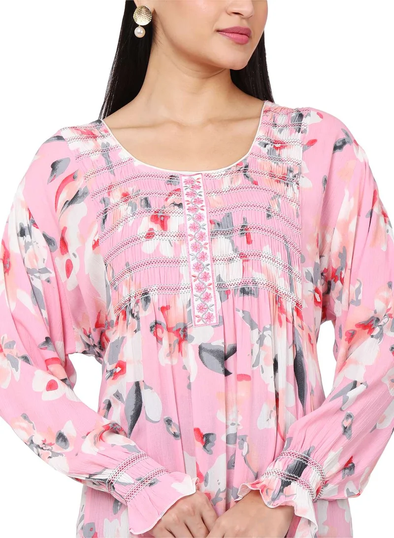 HANA & SARA FLORAL PRINTED FRONT LACE PINK COLOUR RAYON CRUSH FABRIC LONG ARABIC KAFTAN JALABIYA DRESS