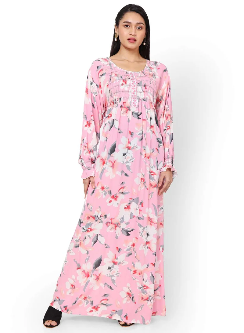 HANA & SARA FLORAL PRINTED FRONT LACE PINK COLOUR RAYON CRUSH FABRIC LONG ARABIC KAFTAN JALABIYA DRESS