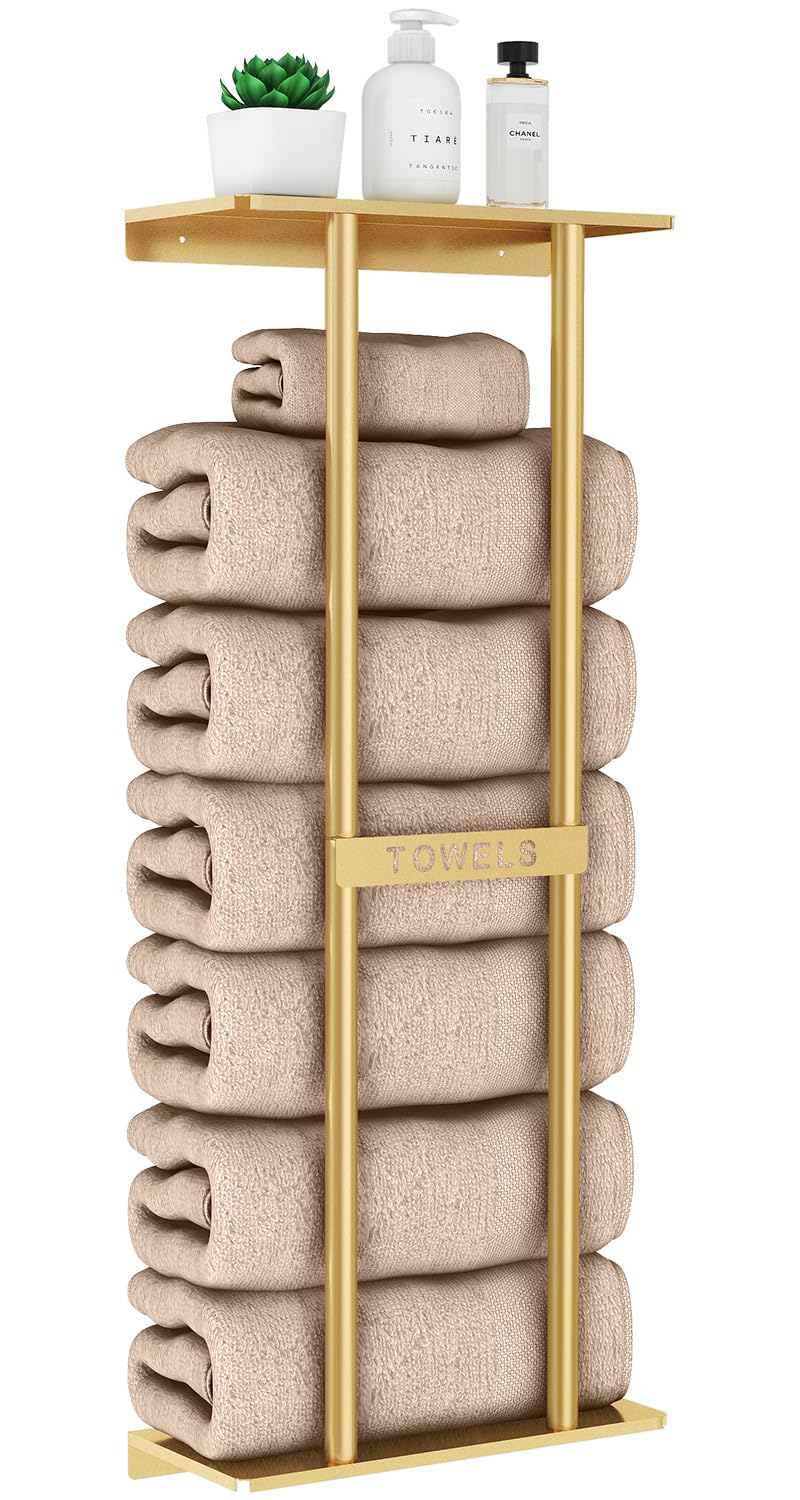 STWWO Bathroom Towel Storage Rack for Bathroom, 30 inch Towel Racks Wall Mounted with Shelf Can Holds 6 Large Towels, Wall Towel Rack for Rolled Towels, Gold - Image 1