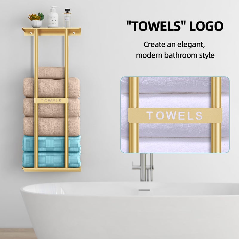 STWWO Bathroom Towel Storage Rack for Bathroom, 30 inch Towel Racks Wall Mounted with Shelf Can Holds 6 Large Towels, Wall Towel Rack for Rolled Towels, Gold - Image 5