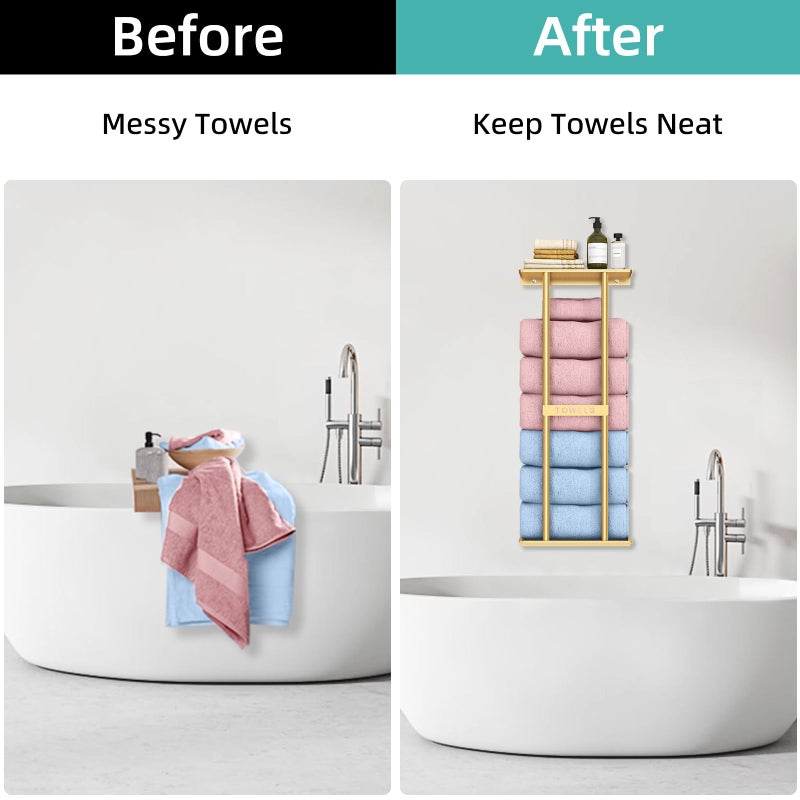 STWWO Bathroom Towel Storage Rack for Bathroom, 30 inch Towel Racks Wall Mounted with Shelf Can Holds 6 Large Towels, Wall Towel Rack for Rolled Towels, Gold - Image 4