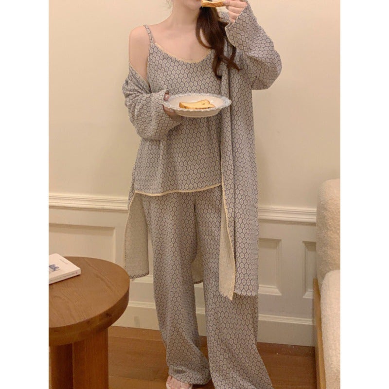 Women's Korean-style Pajama Set - 3-Piece with Camisole, Pants and Robe - Image 1