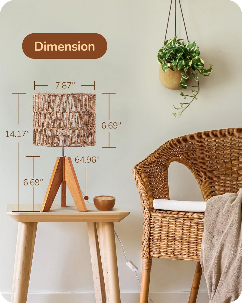 EDISHINE Small Table Lamp, Rattan Wood Tripod Bedside Lamp, Boho Nightstand Lamp for Living Room, End Table, Office, E26 Base, Natural Style - Image 5