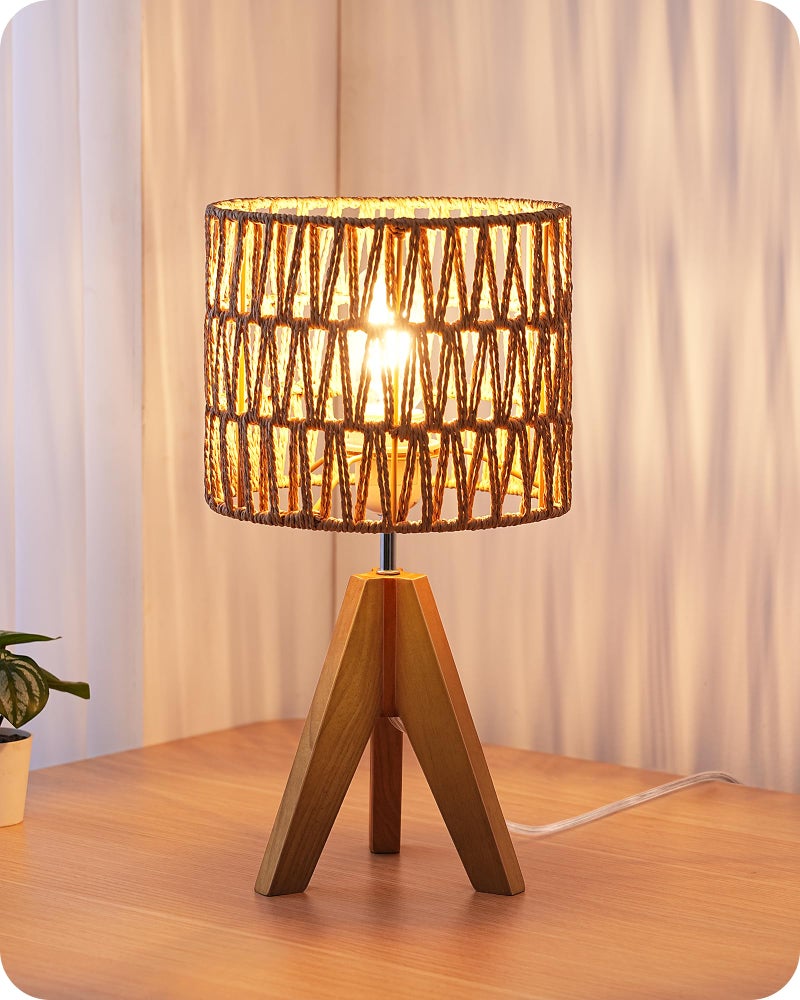 EDISHINE Small Table Lamp, Rattan Wood Tripod Bedside Lamp, Boho Nightstand Lamp for Living Room, End Table, Office, E26 Base, Natural Style - Image 1