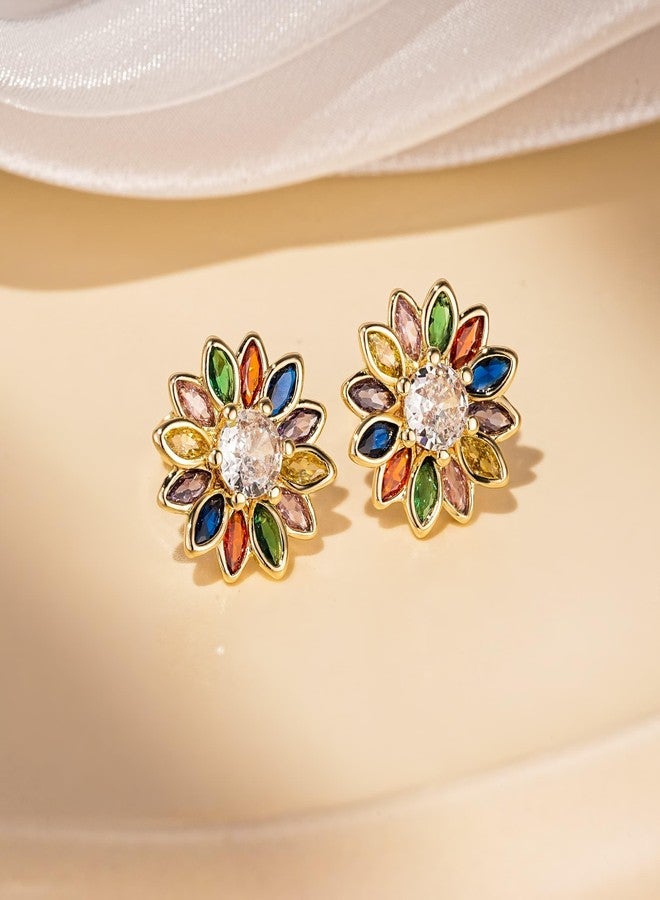 EVEVIC Austrian Crystal Flower Stud Earrings for Women Fashion 14K Gold Plated Hypoallergenic Jewelry (Colorful Main Crystal) - Image 4