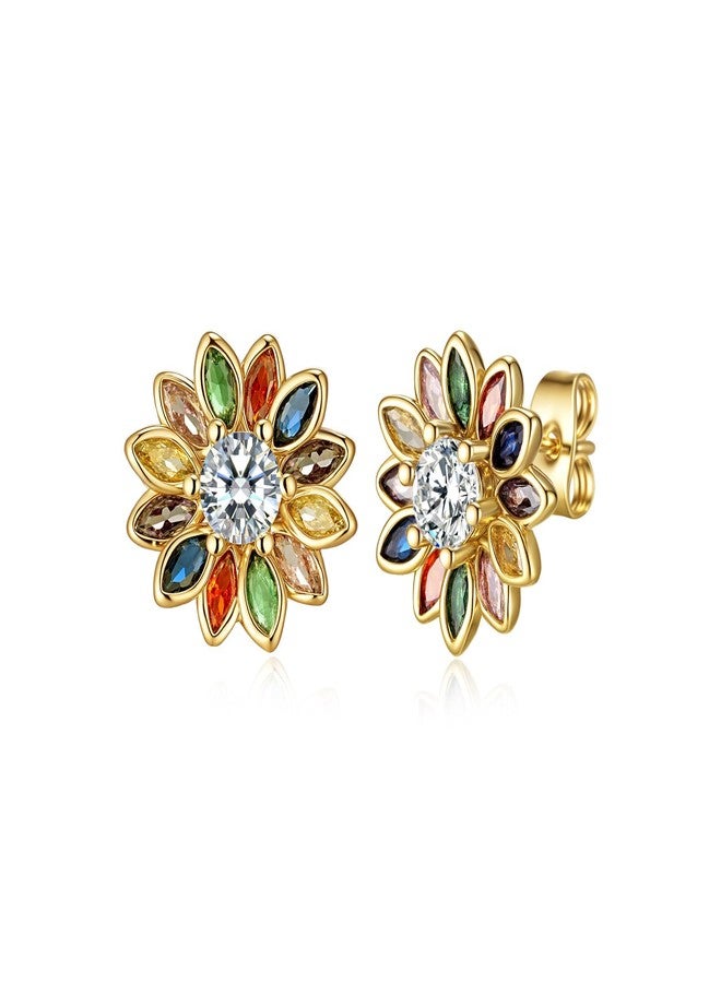 EVEVIC Austrian Crystal Flower Stud Earrings for Women Fashion 14K Gold Plated Hypoallergenic Jewelry (Colorful Main Crystal) - Image 1