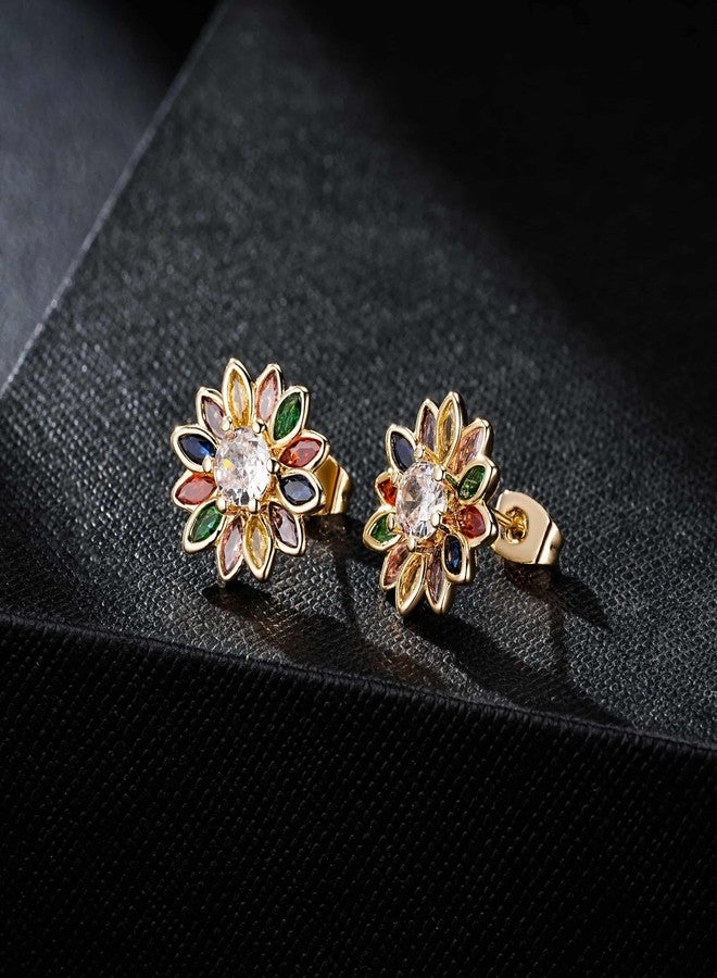 EVEVIC Austrian Crystal Flower Stud Earrings for Women Fashion 14K Gold Plated Hypoallergenic Jewelry (Colorful Main Crystal) - Image 5